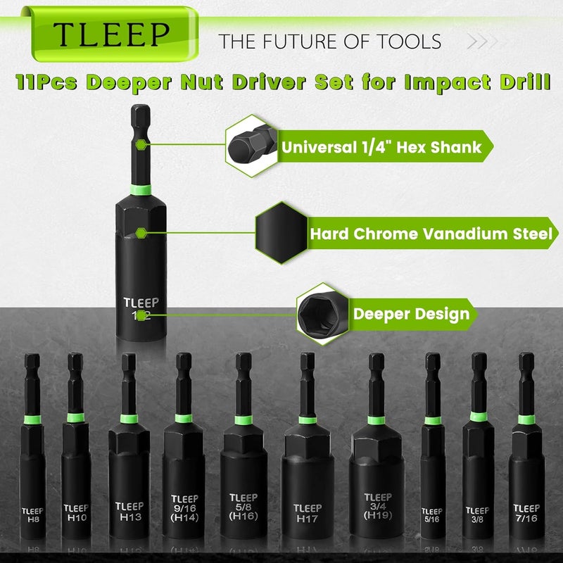 TLEEP Deep Nut Driver Set for Impact Drill w/Wing Nut Driver Bit, Sae/Metric 80MM Deep Nut Driver Bits, 1/4" Quick Change, 8mm 10mm 13mm 9/16”(14mm) 5/8”(16mm) 17mm 3/4”(19mm) 5/16” 3/8” 7/16” 1/2” - Image 4